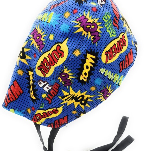 Pow! Zap Zoom Comic Book Super Hero Action Words Surgical Scrub Cap Medical Cap - Picture 3 of 3